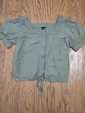 Talbots Linen Tie Waist Square Neck Top Olive Green Women's   Size L